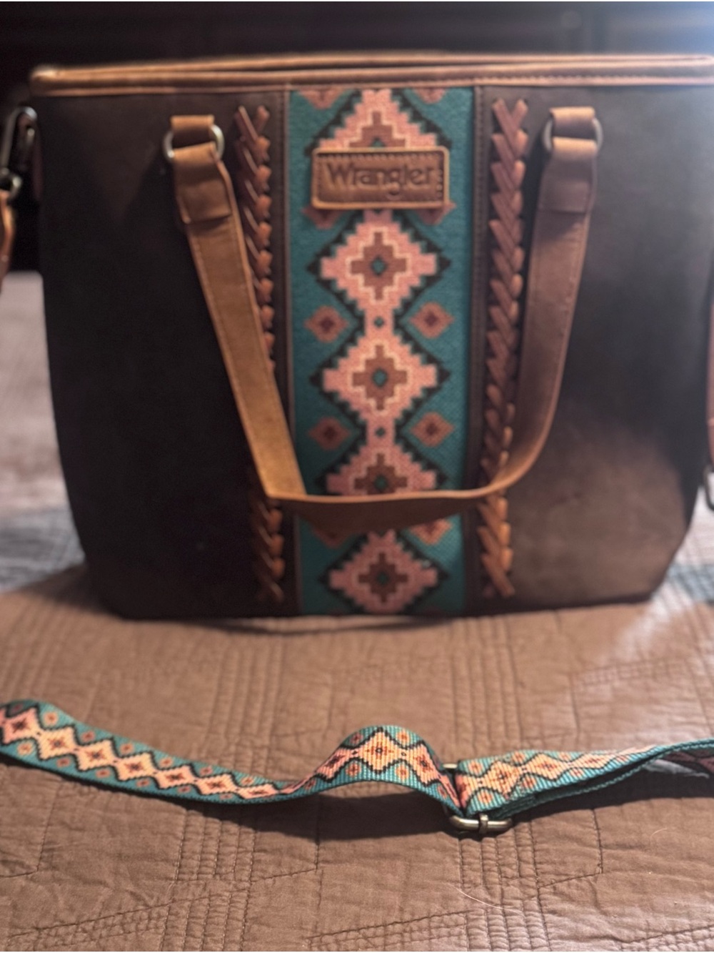 Wrangler Brown Tote with Teal and Pink Aztec Print and Concealed Carry Pocket